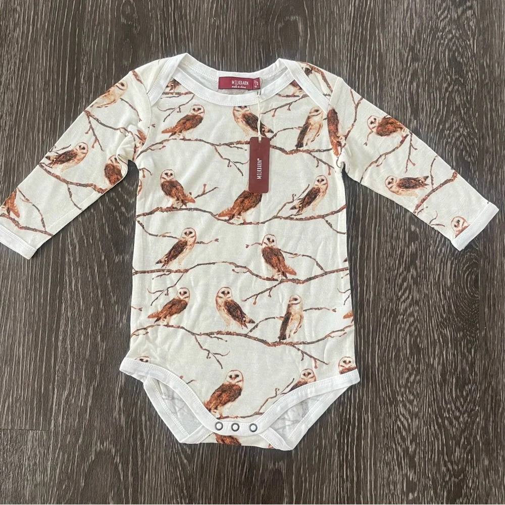 New! Milkbarn Owl Bamboo Long Sleeve One Piece 6-12 Months